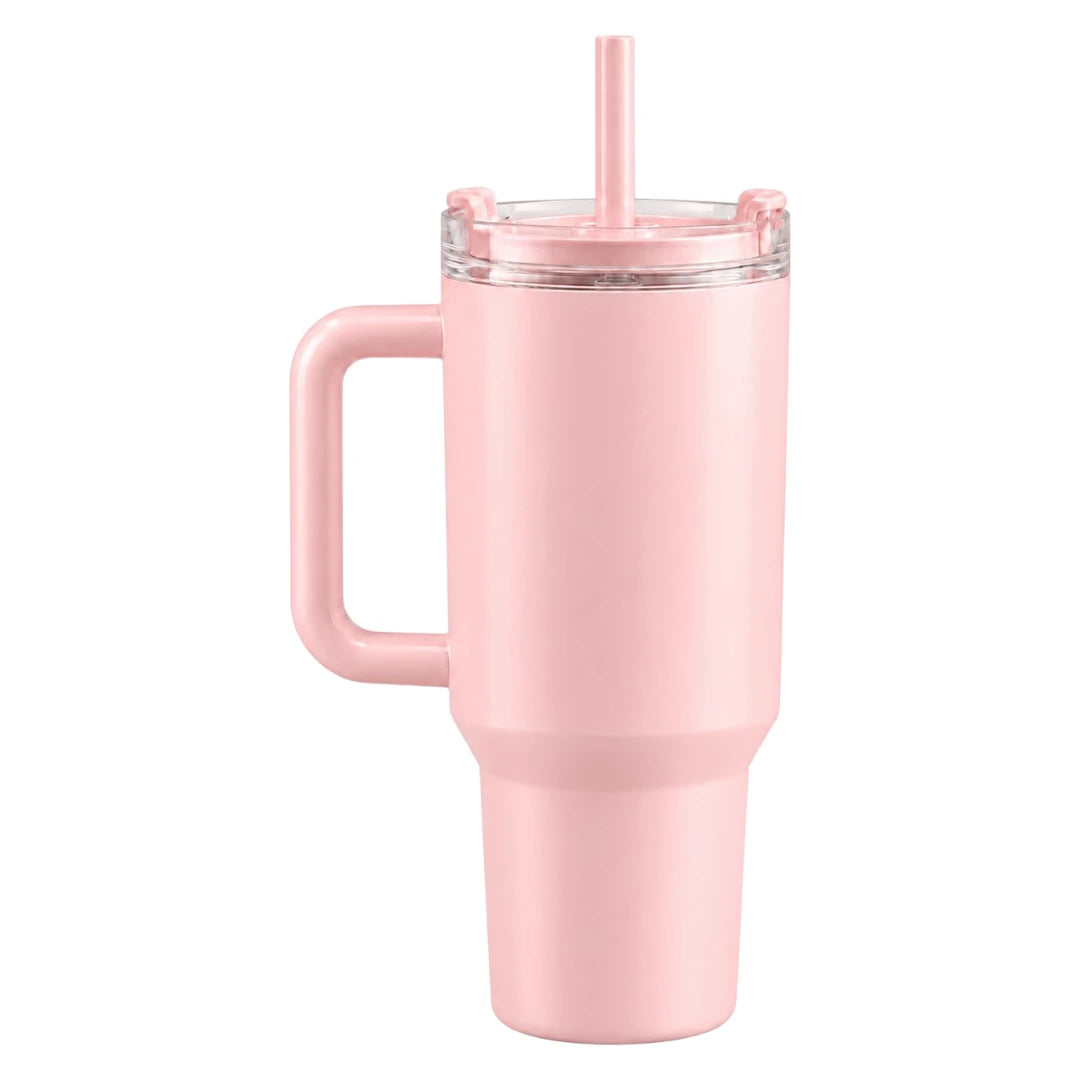 Fluno Pink Coffee Tumbler with Handle, Lid and Straw