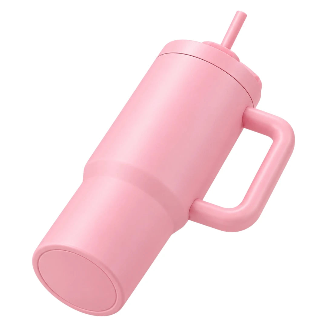 Fluno Pink Coffee Tumbler with Handle and Straw