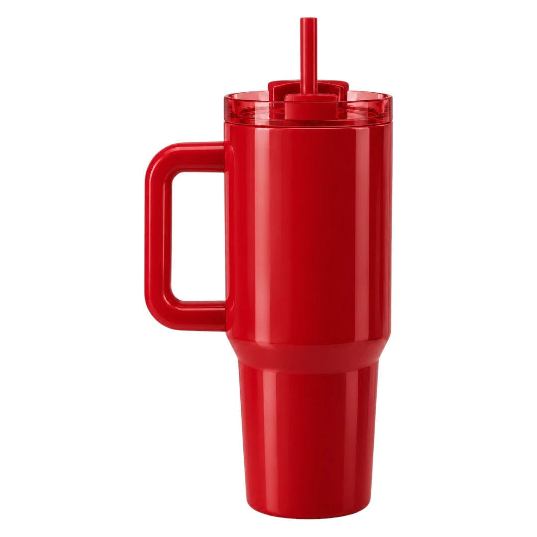 Fluno Red Coffee Tumbler with Handle, Lid and Straw