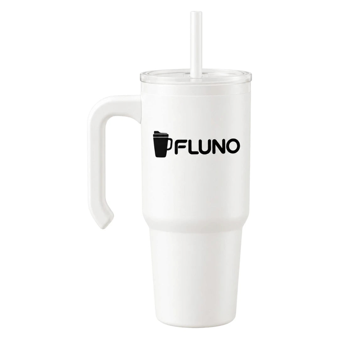 Fluno White Coffee Tumbler with Handle and Straw