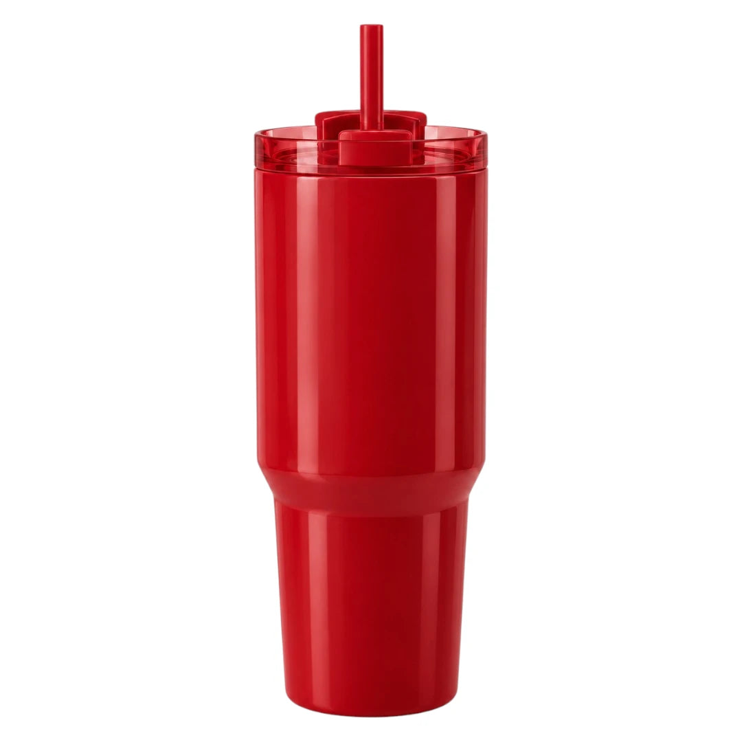 Fluno Red Coffee Tumbler with Handle, Lid and Straw