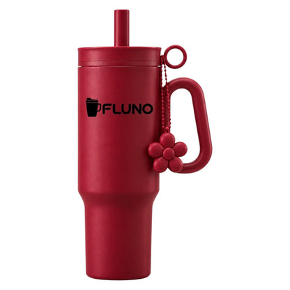 Fluno Red Coffee Tumbler with Handle, Straw and Flower Charm