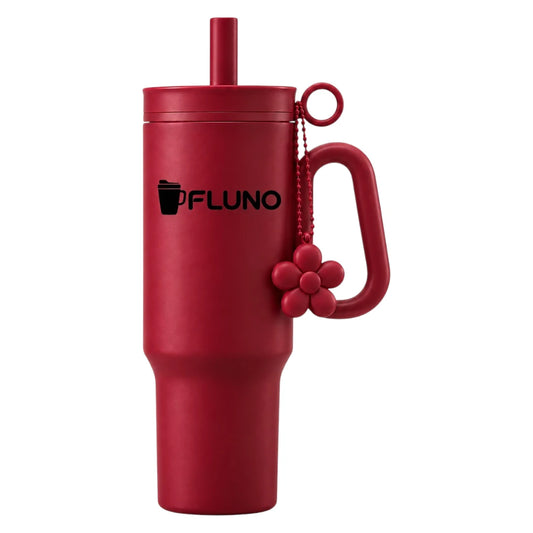 Fluno Red Coffee Tumbler with Handle, Straw and Flower Charm