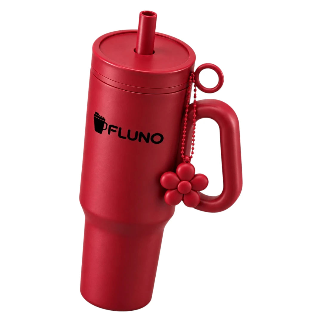 Fluno Red Coffee Tumbler with Handle, Straw and Flower Charm