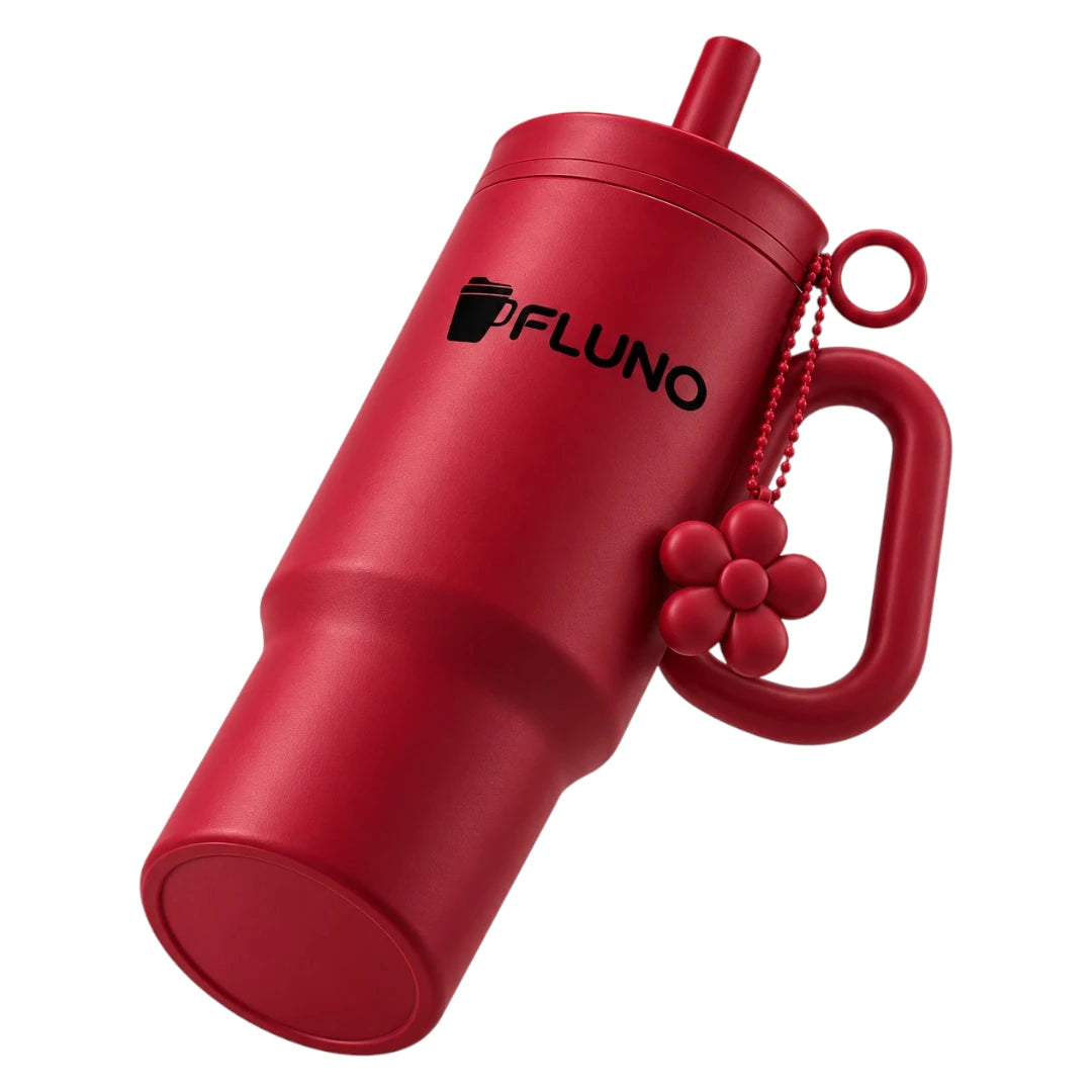 Fluno Red Coffee Tumbler with Handle, Straw and Flower Charm