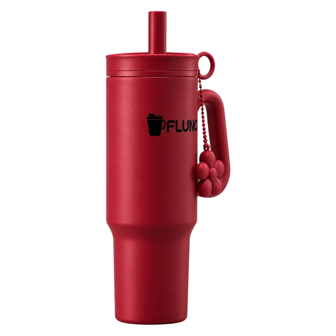 Fluno Red Coffee Tumbler with Handle, Straw and Flower Charm