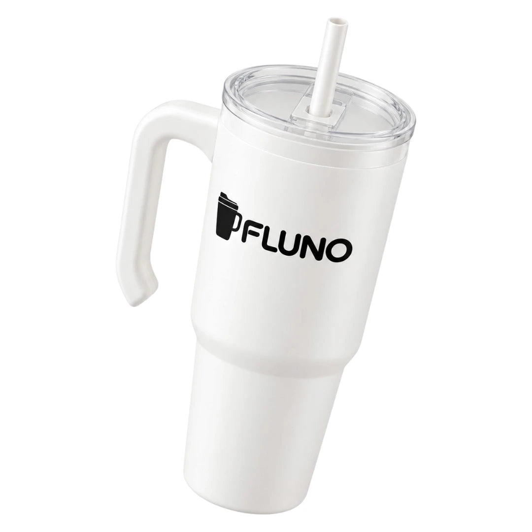 Fluno White Coffee Tumbler with Handle and Straw