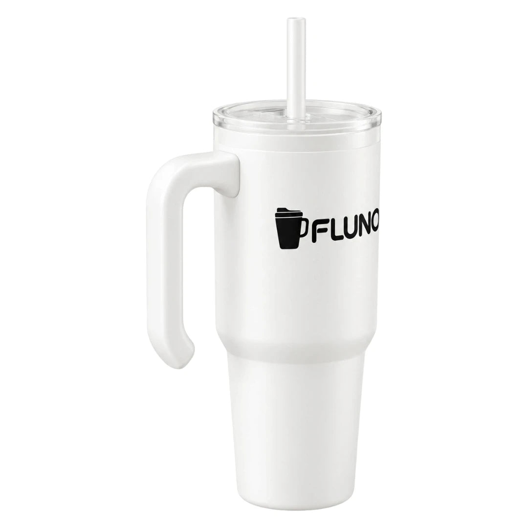 Fluno White Coffee Tumbler with Handle and Straw